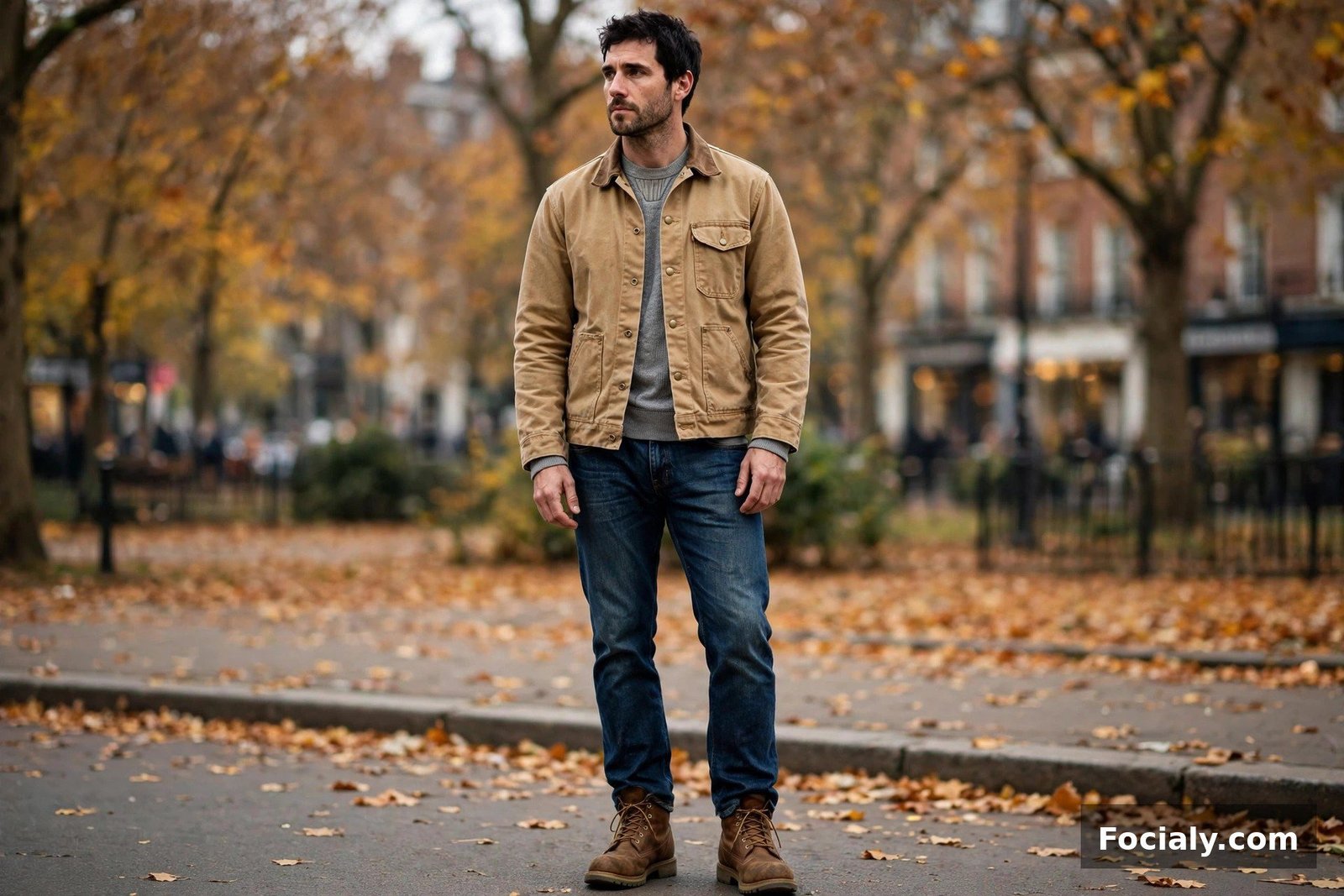 Man wearing a tan duck canvas work jacket over a grey thermal with jeans and work boots