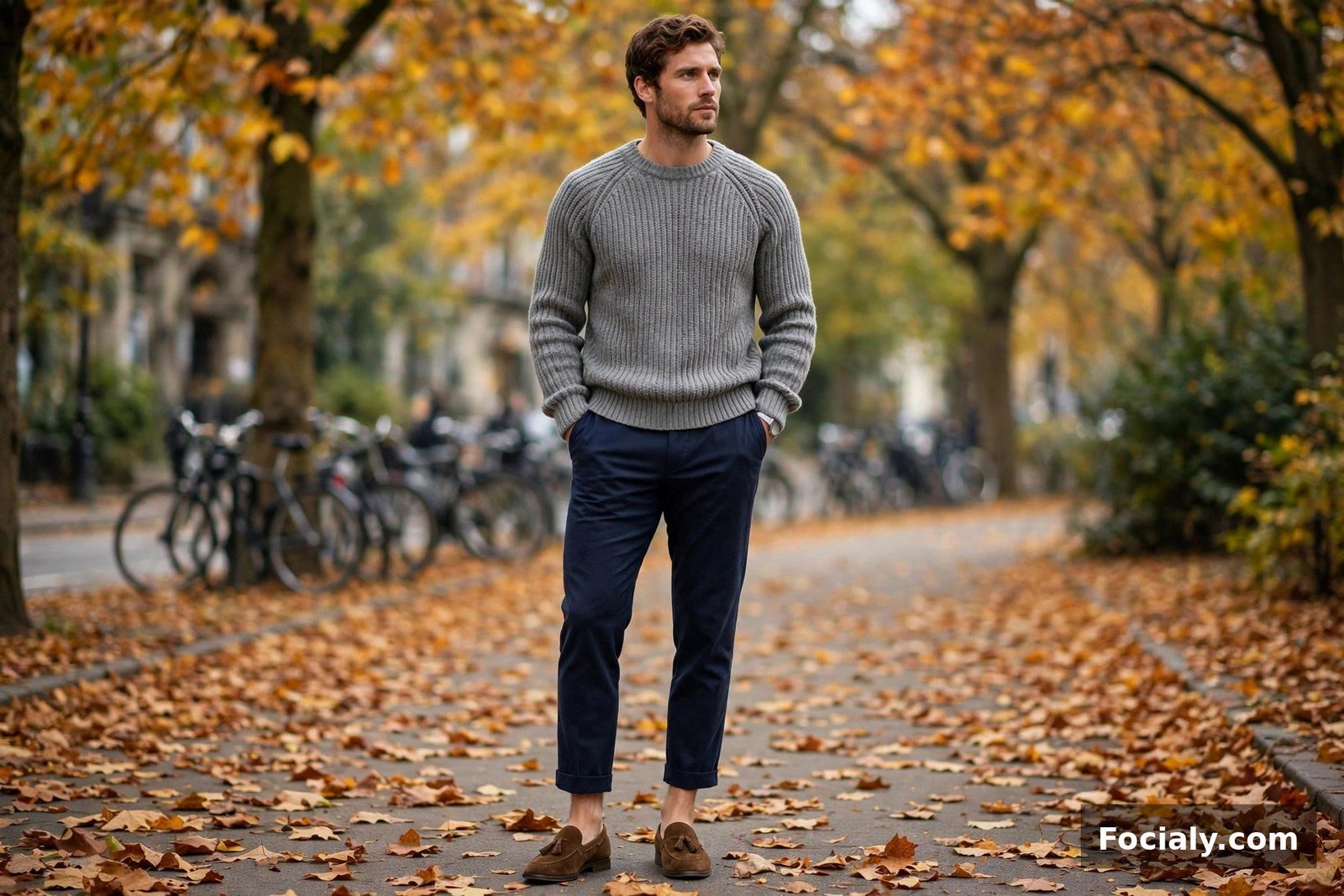 Man wearing brown suede loafers with cropped navy trousers and a grey knit sweater