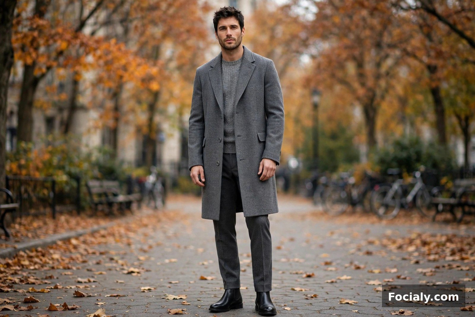 Man in a longline grey wool coat over a grey knit with charcoal trousers