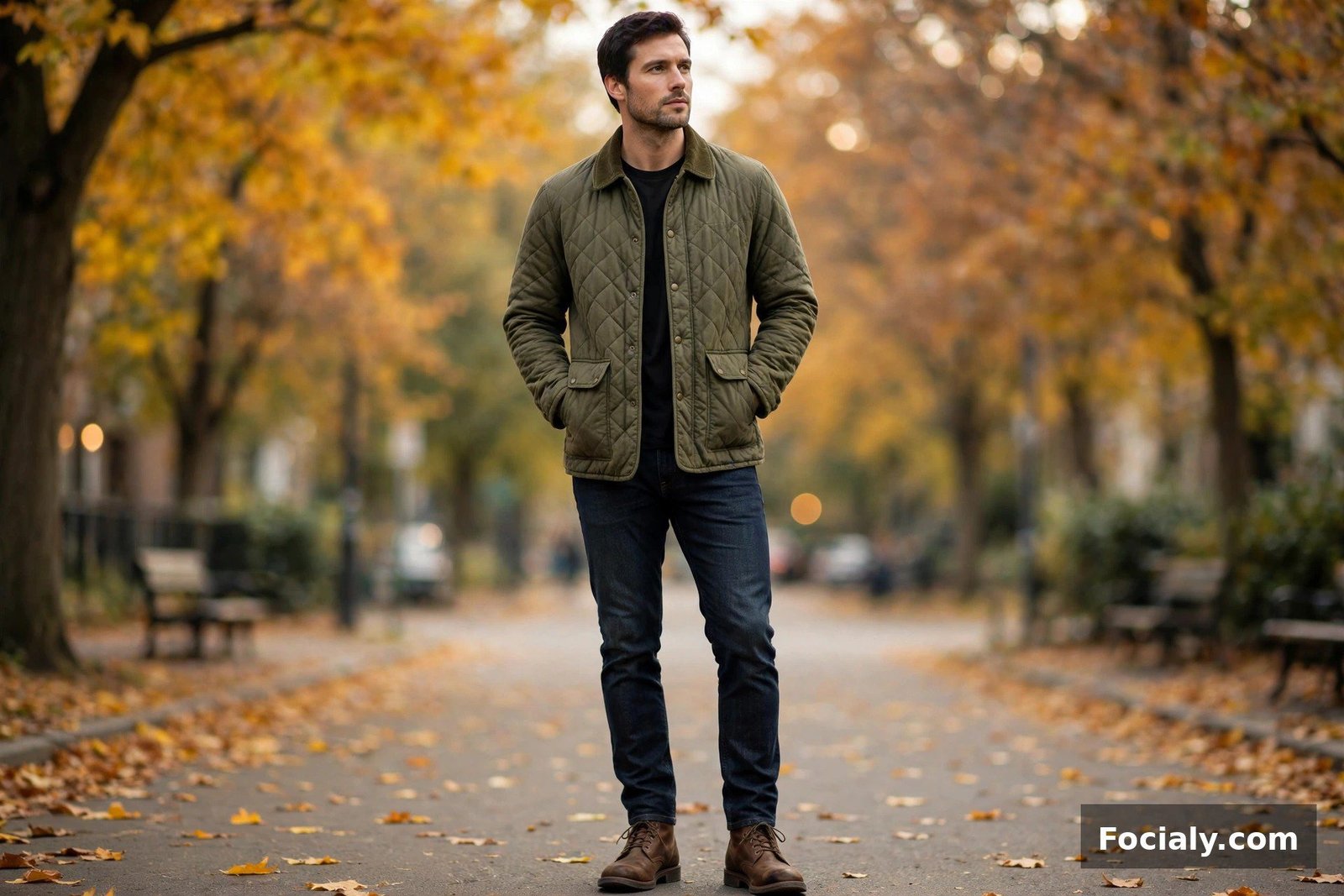 Man in an olive quilted barn jacket with dark jeans and brown boots