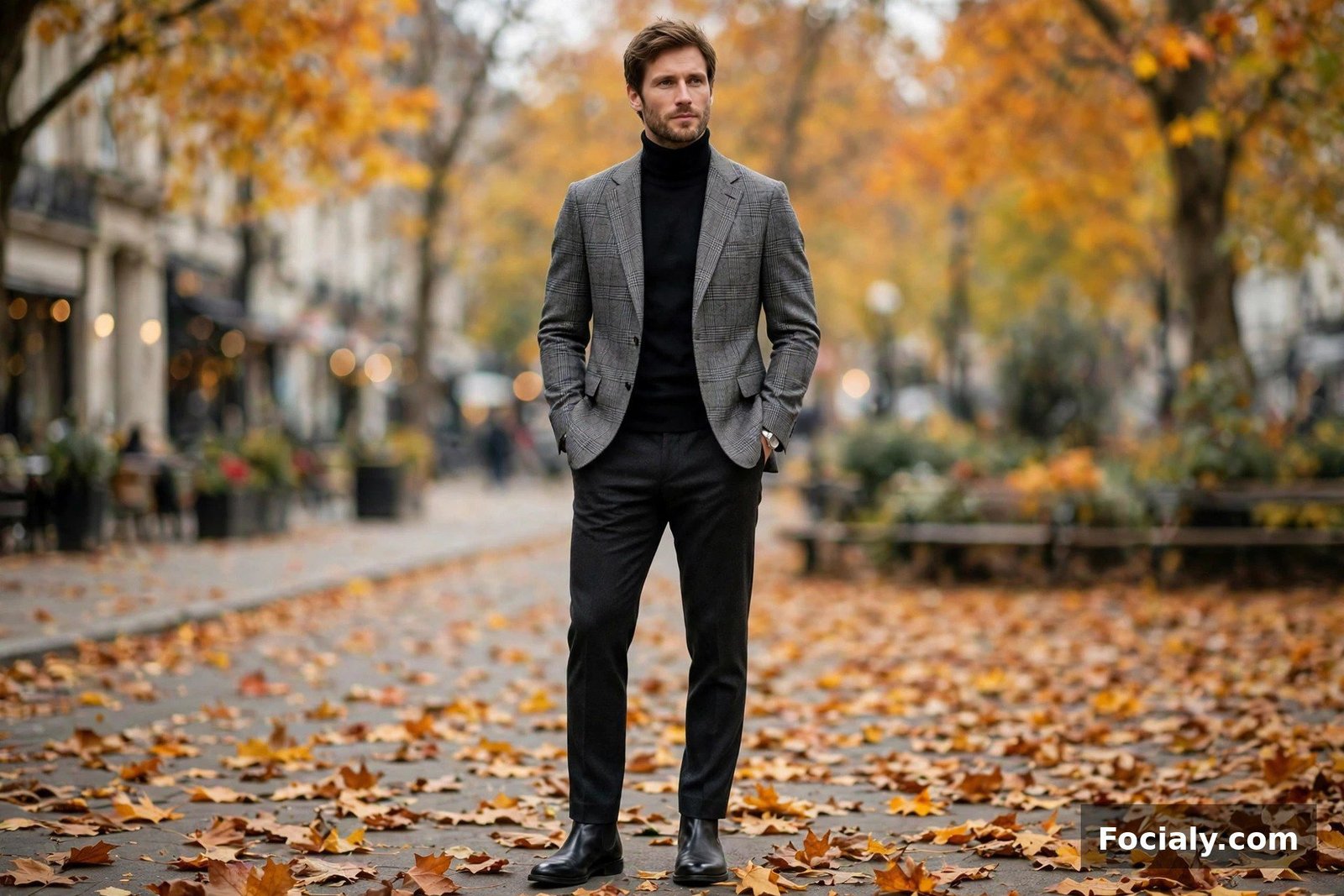 Man wearing a black turtleneck under a grey plaid blazer with dark trousers