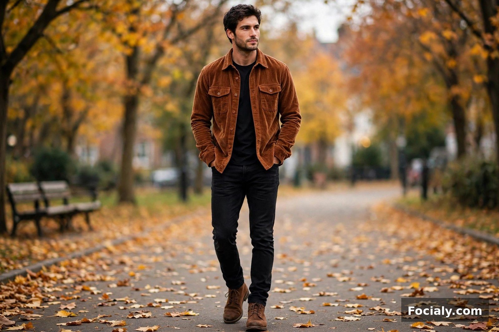 Man in a rust corduroy shirt jacket with black jeans and brown boots