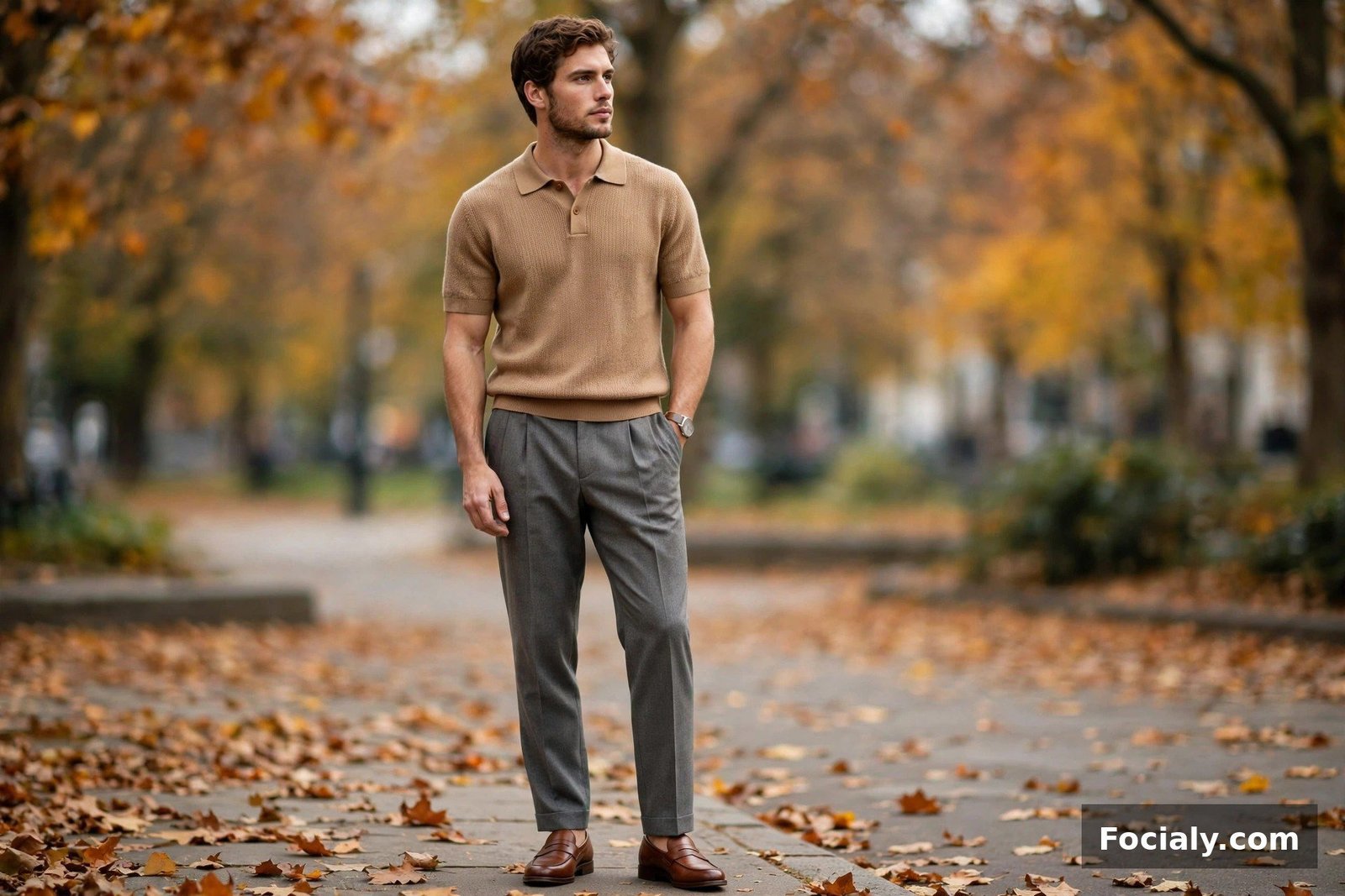 Man wearing a camel knit polo with pleated grey trousers and loafers