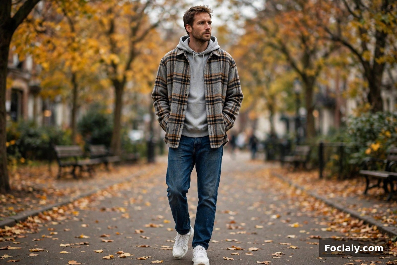 Man in a grey hoodie under a plaid overshirt with jeans and white sneakers
