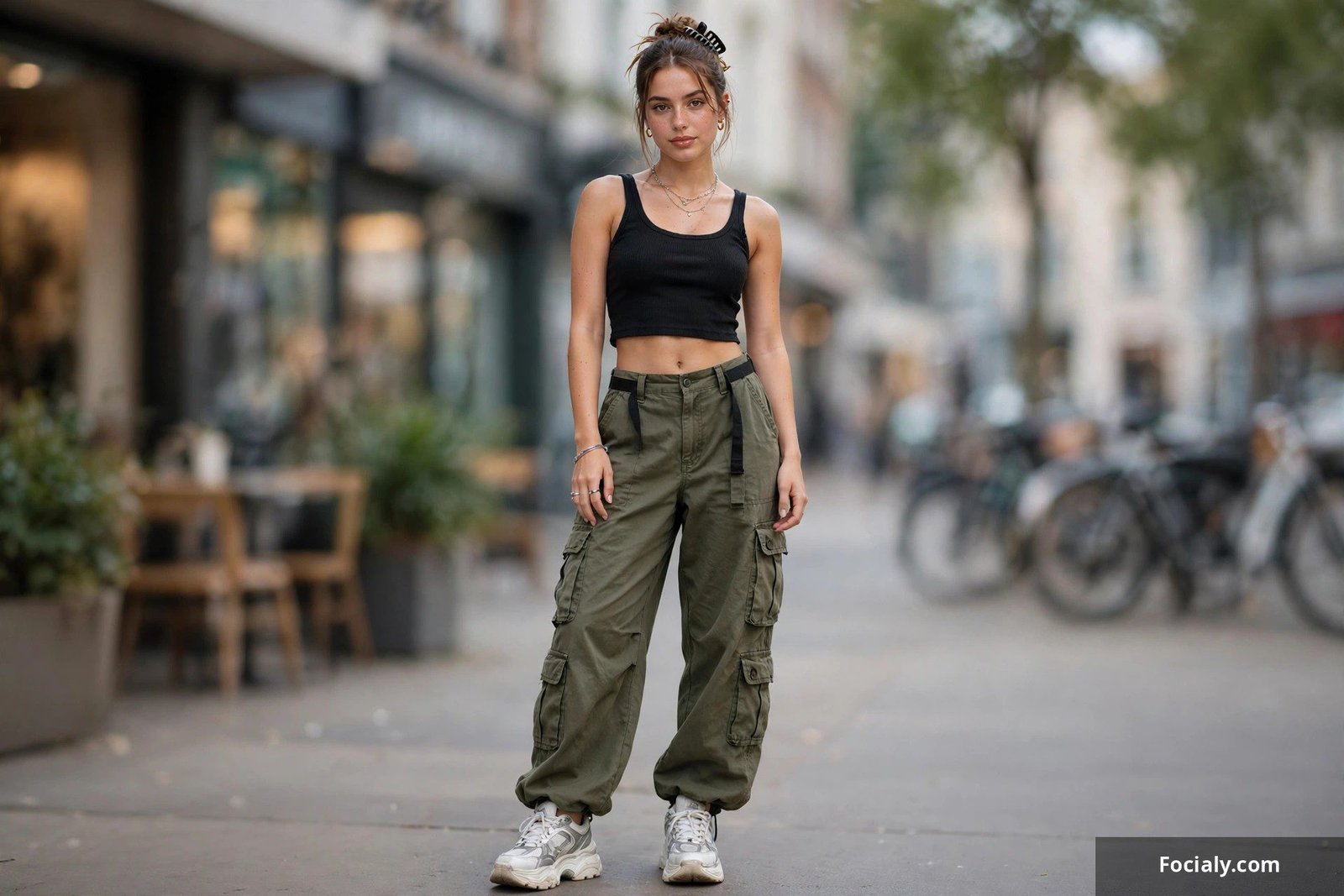 Woman in a cropped black tank top and baggy olive cargo pants with chunky sneakers