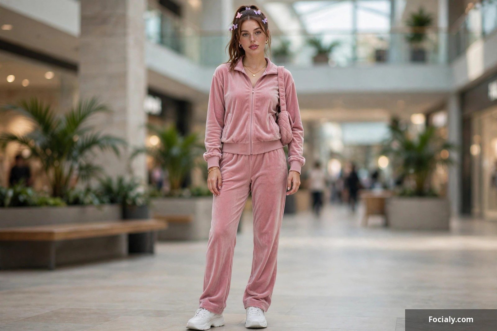 Woman wearing a dusty pink velour tracksuit with sneakers in a shopping mall