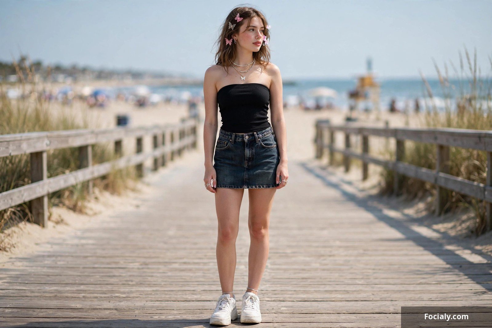 Woman in a dark-wash denim mini skirt and black tube top on a sunny boardwalk