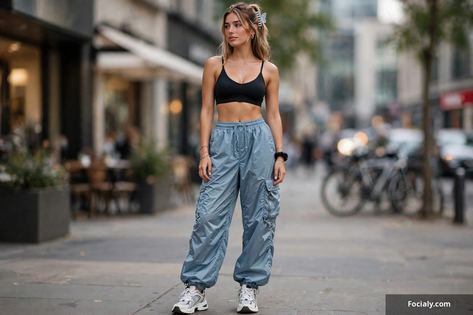 Woman wearing swishy nylon parachute pants and a sports bralette with sneakers