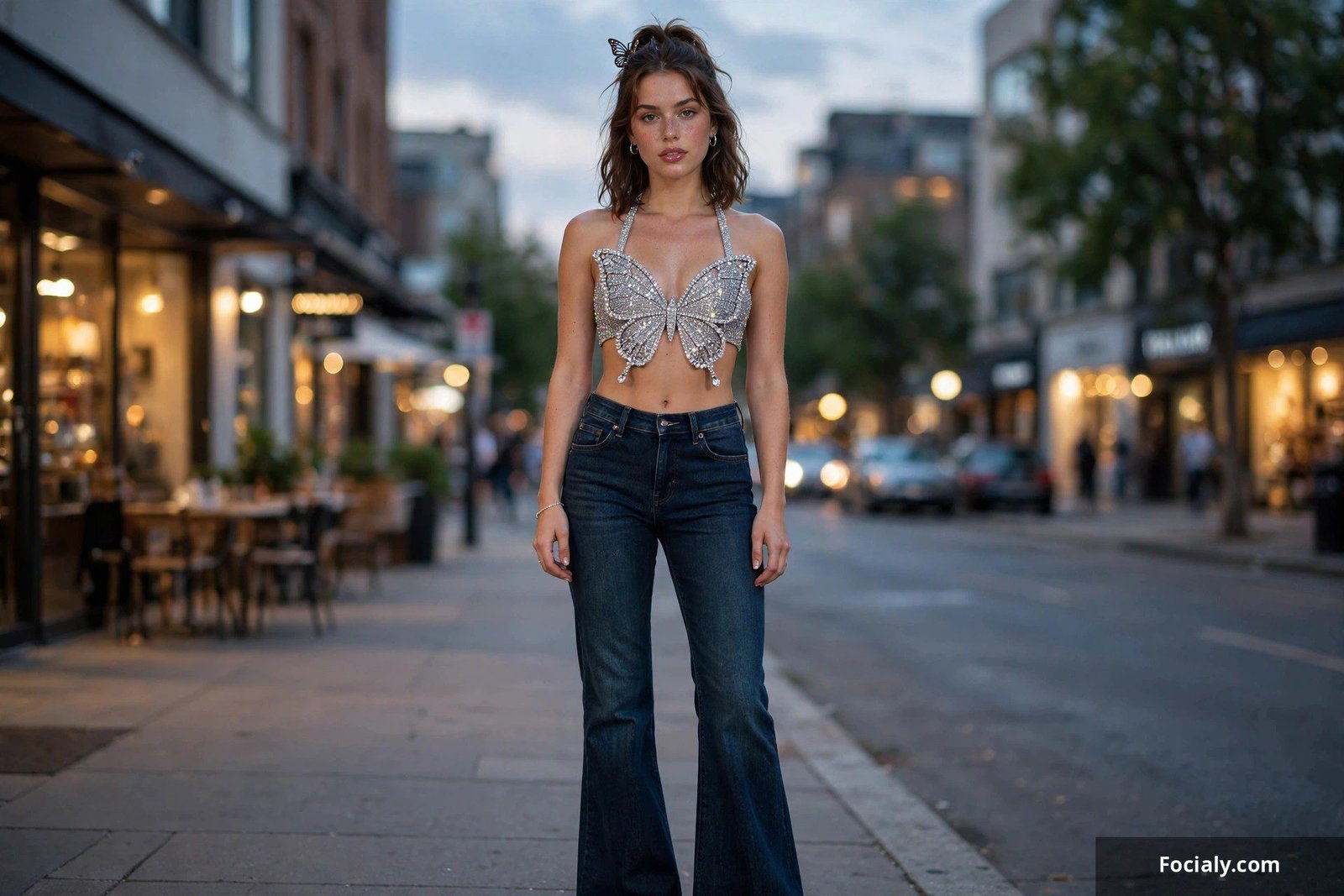 Woman in a sparkly rhinestone butterfly top and dark flare jeans for a night out