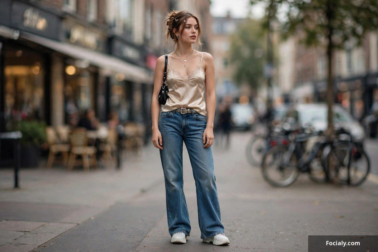 Woman wearing a champagne satin lace-trim cami tucked into low-rise bootcut jeans