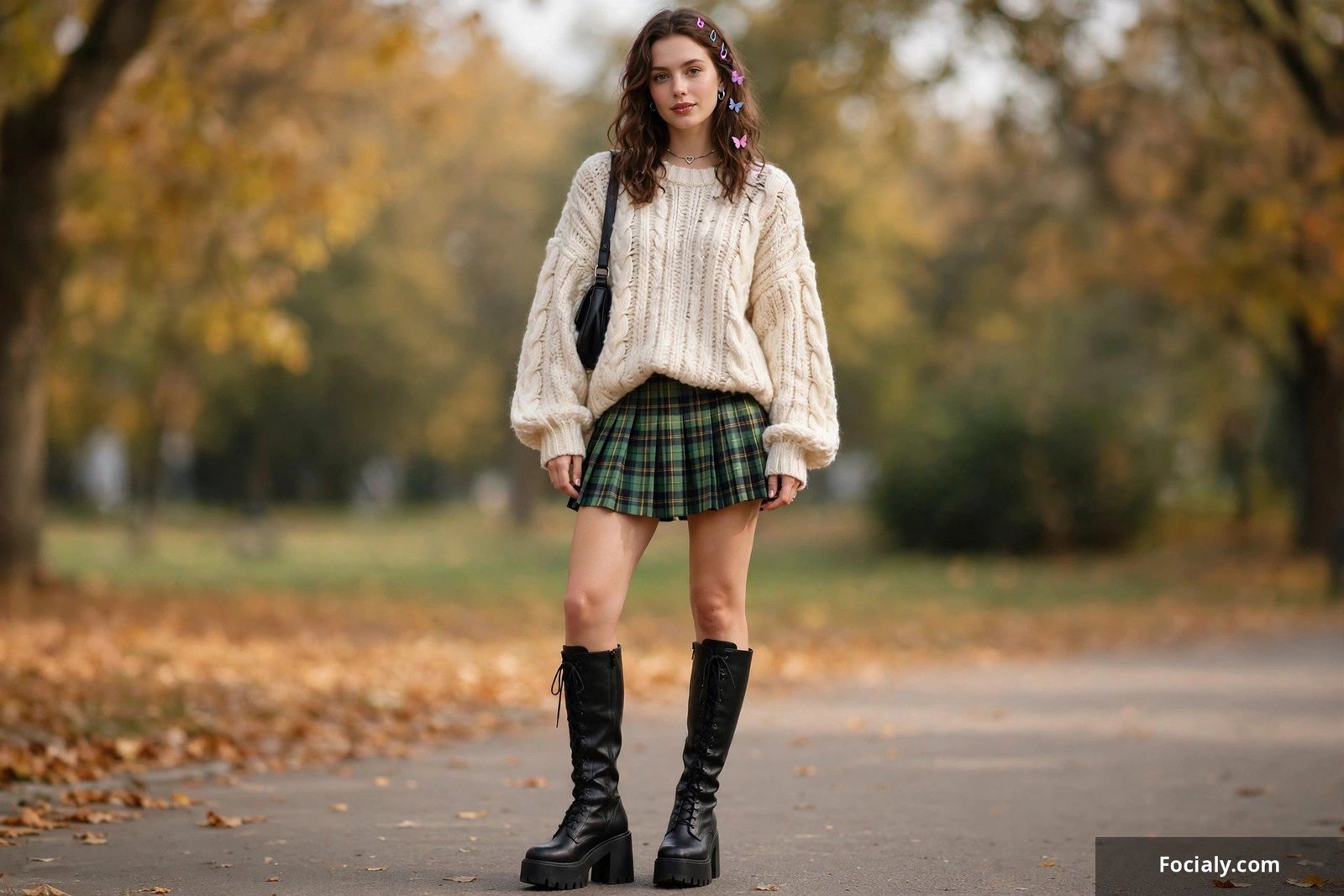 Woman in a pleated plaid mini skirt and oversized chunky sweater with knee-high boots