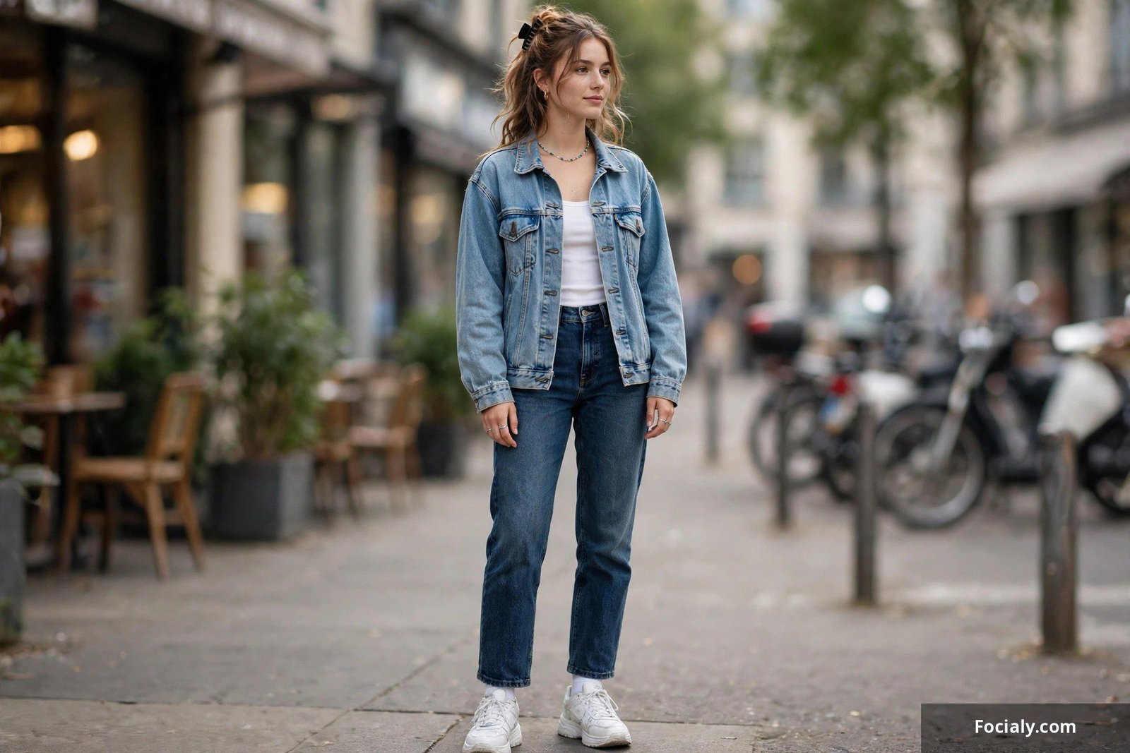 Woman wearing a light-wash denim trucker jacket over dark jeans with tan boots