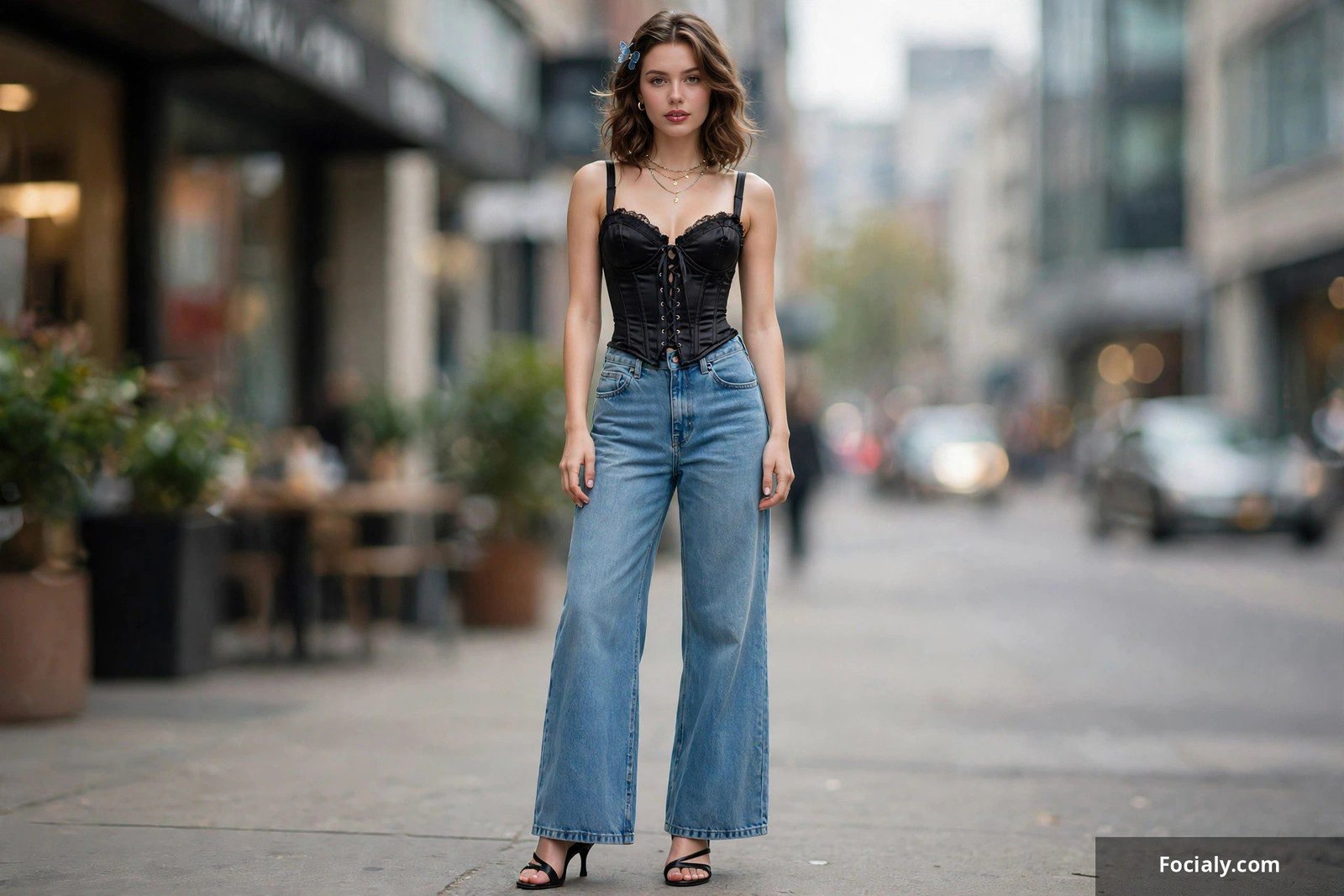 Woman wearing a black corset top with high-rise wide-leg jeans and heeled boots