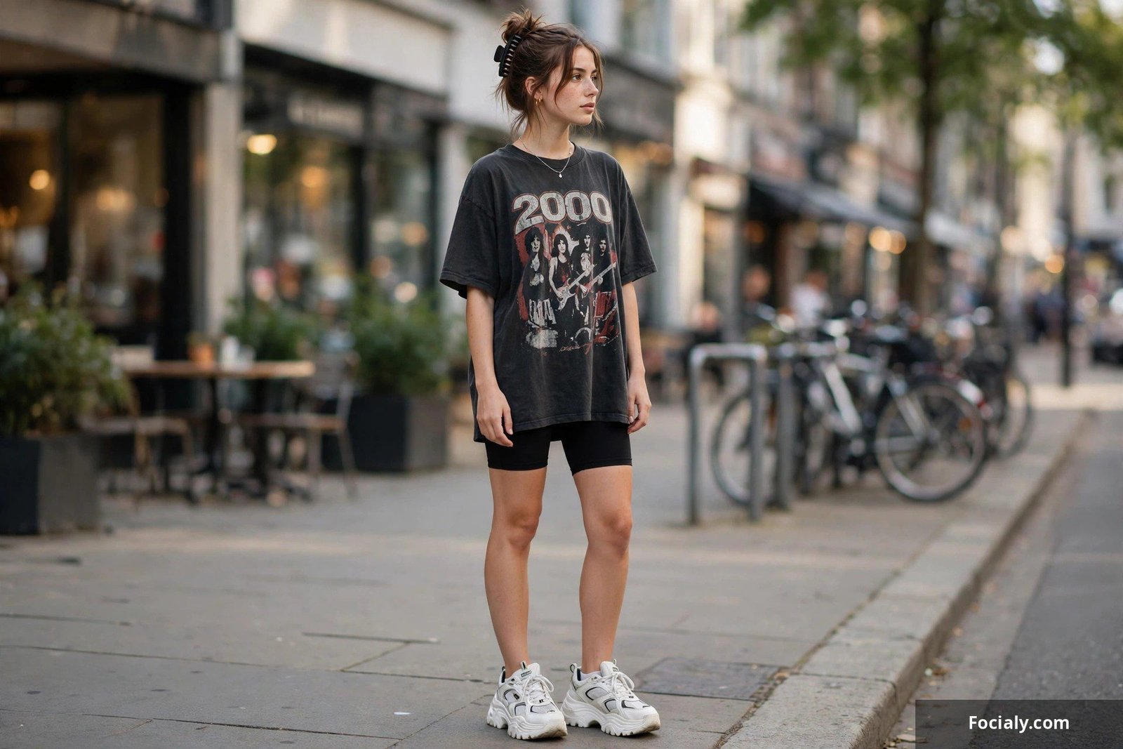 Woman in an oversized vintage band tee and black bike shorts with chunky sneakers