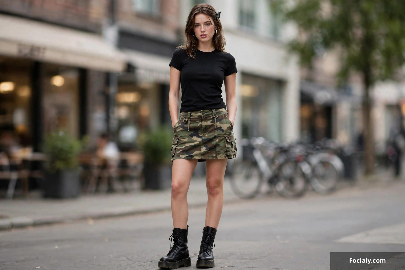 Woman in a camo cargo mini skirt and plain black baby tee with combat boots