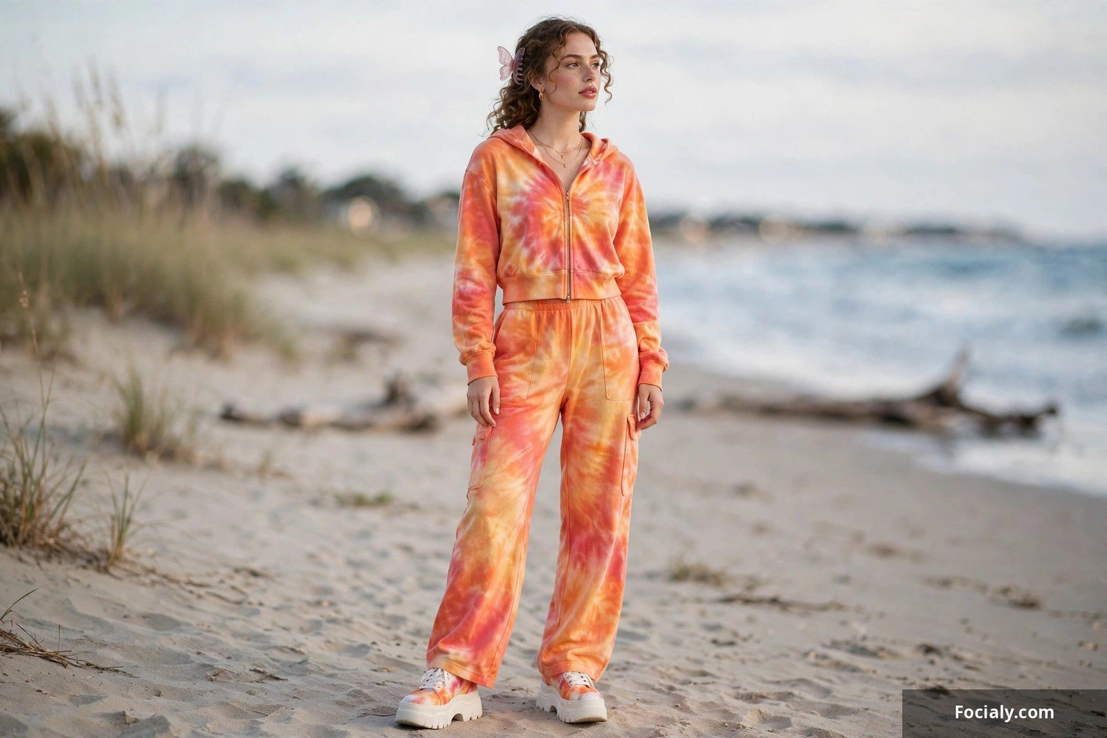 Woman wearing a matching sunset tie-dye set with platform sneakers at a festival