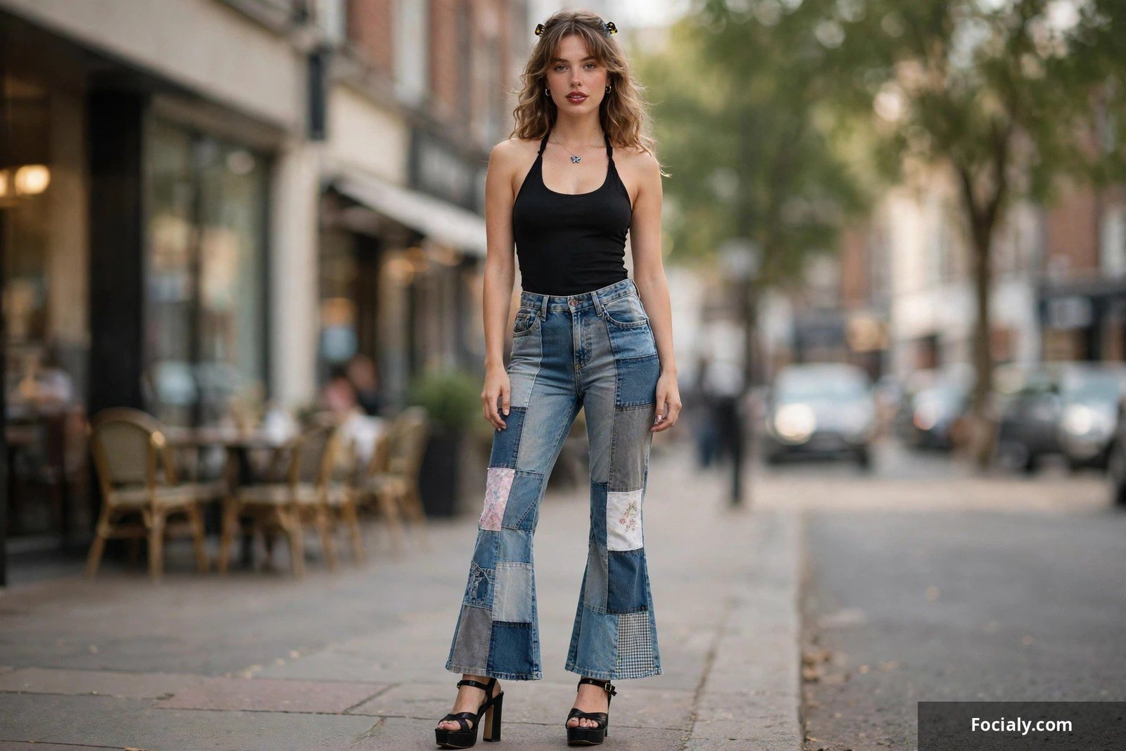 Woman in patchwork flare jeans and a solid black halter top with heeled sandals