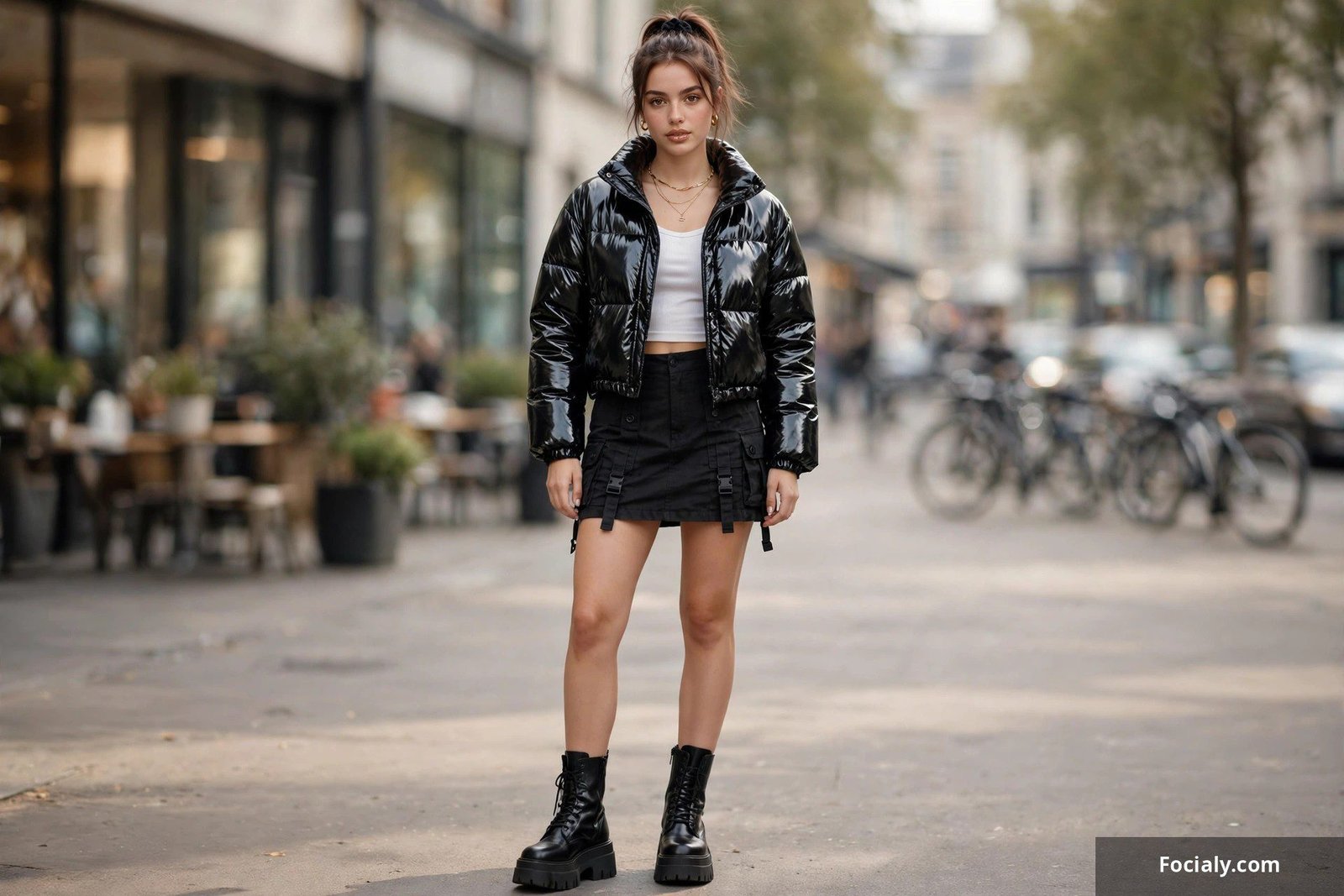 Woman wearing a cropped glossy black puffer jacket over a cargo mini skirt with boots