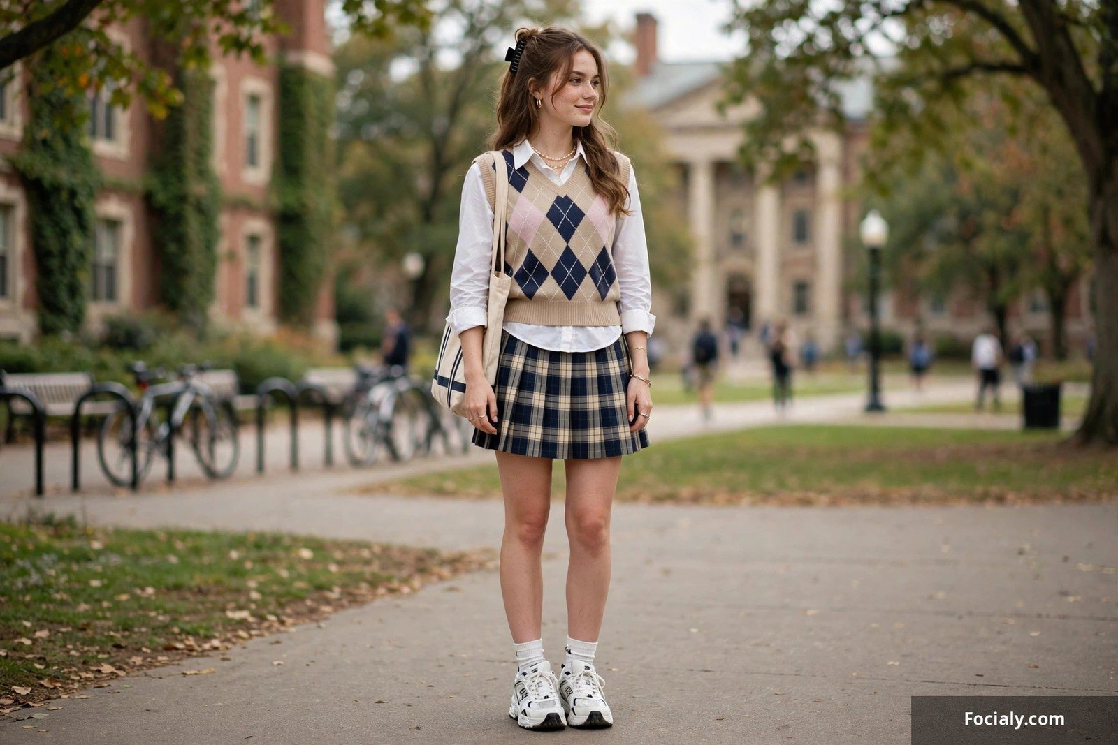 Woman wearing an argyle sweater vest over a collared shirt with a pleated skirt and loafers