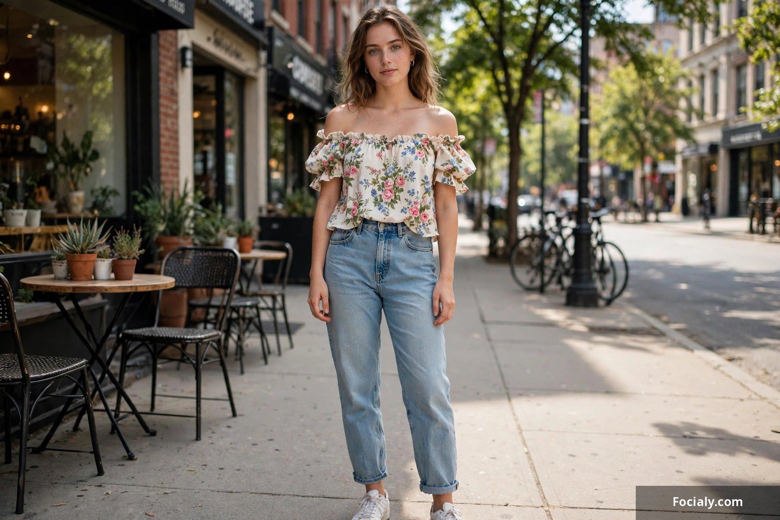 Woman wearing an off-the-shoulder floral peasant top with high-waisted mom jeans and white sneakers