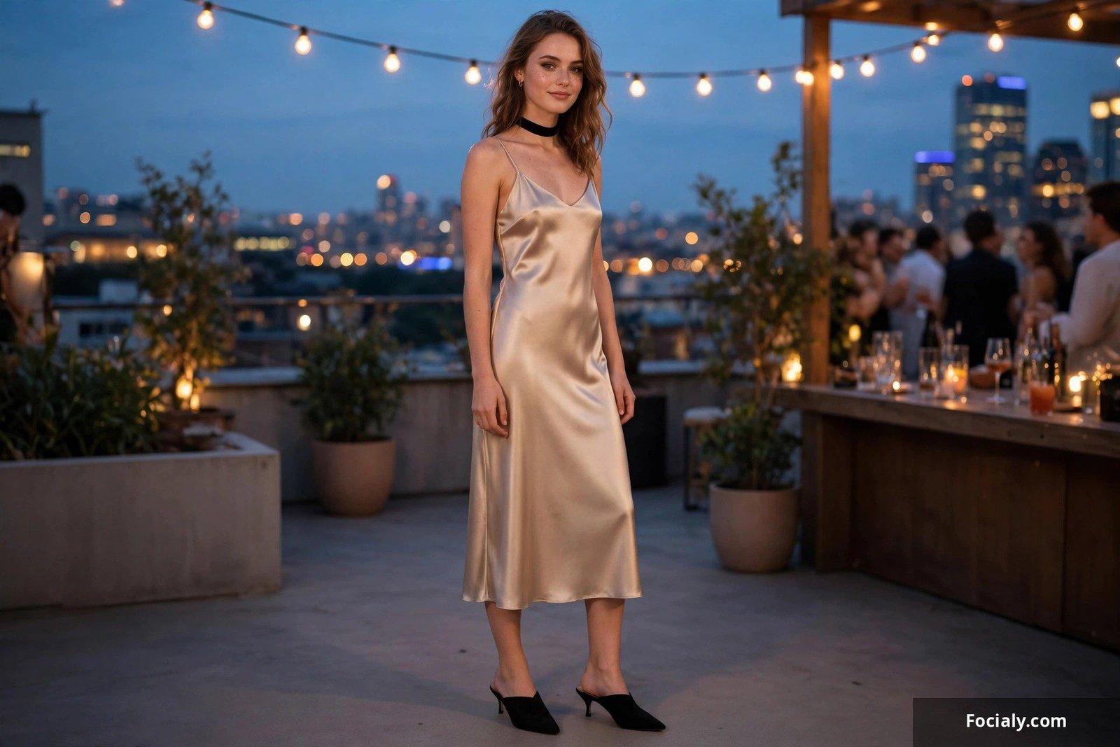 Woman in a champagne satin slip midi dress with a black velvet choker at a rooftop party