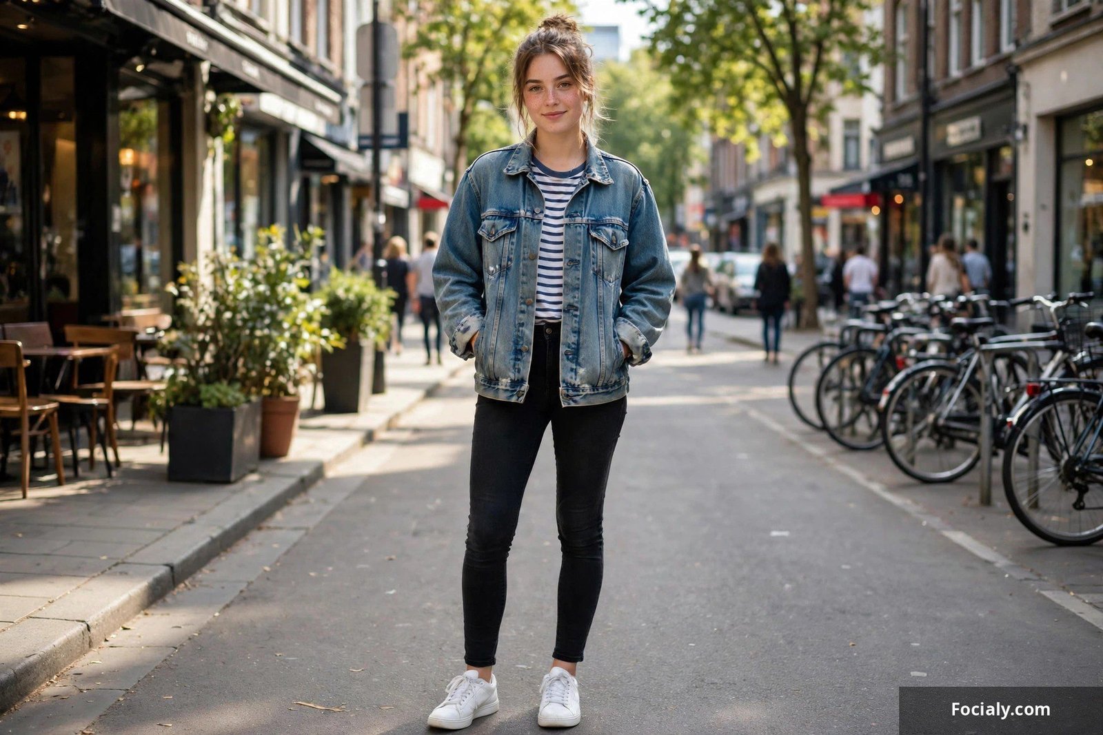 Woman wearing an oversized vintage-wash denim jacket over a striped tee and black jeans