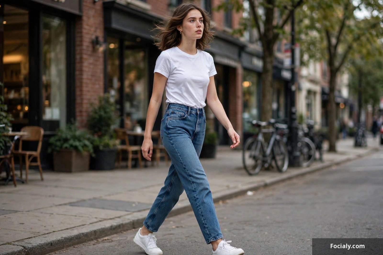 Woman in high-waisted mom jeans, tucked-in white tee, and crisp white sneakers