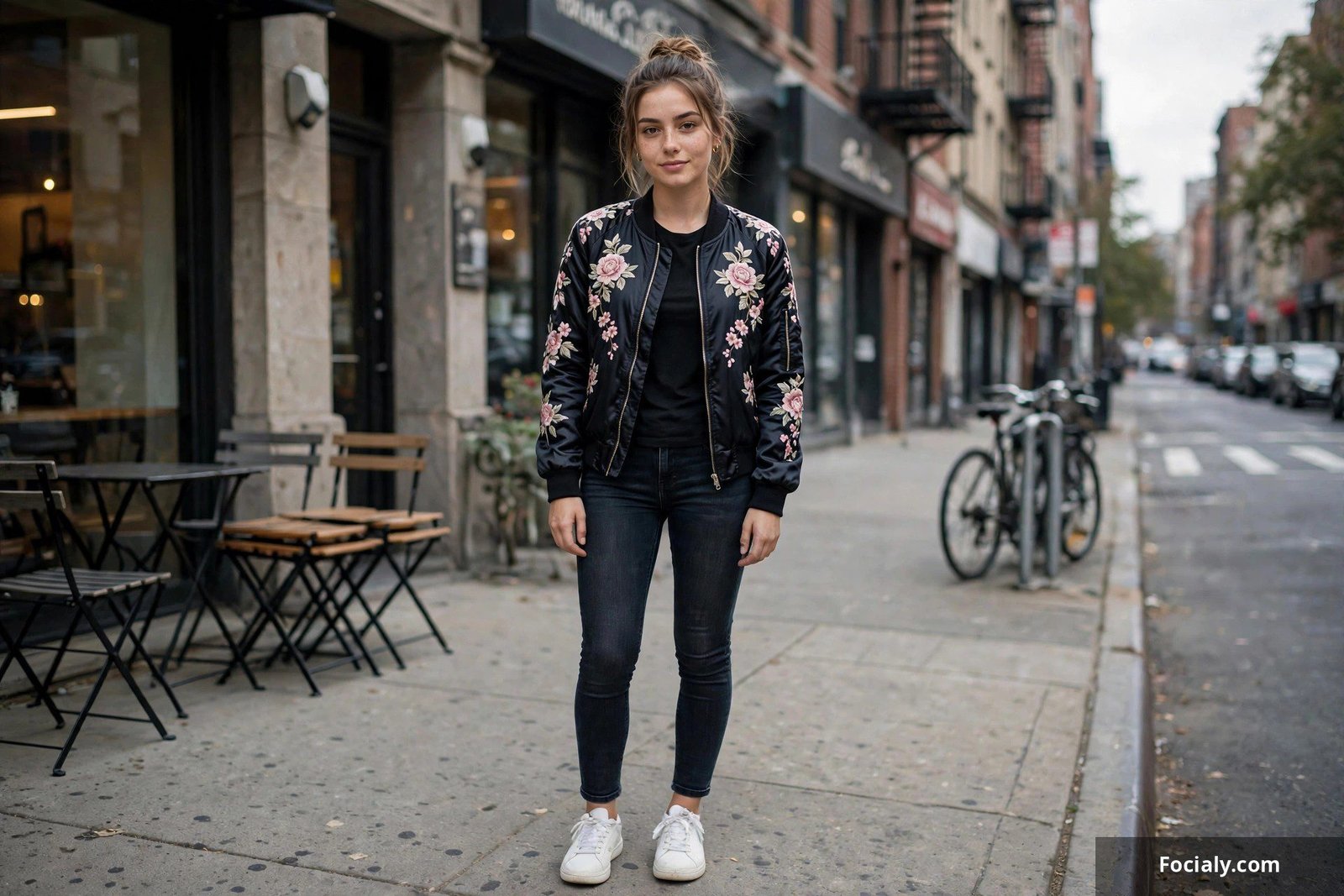 Woman wearing a floral-embroidered satin bomber jacket over a black tee and dark jeans