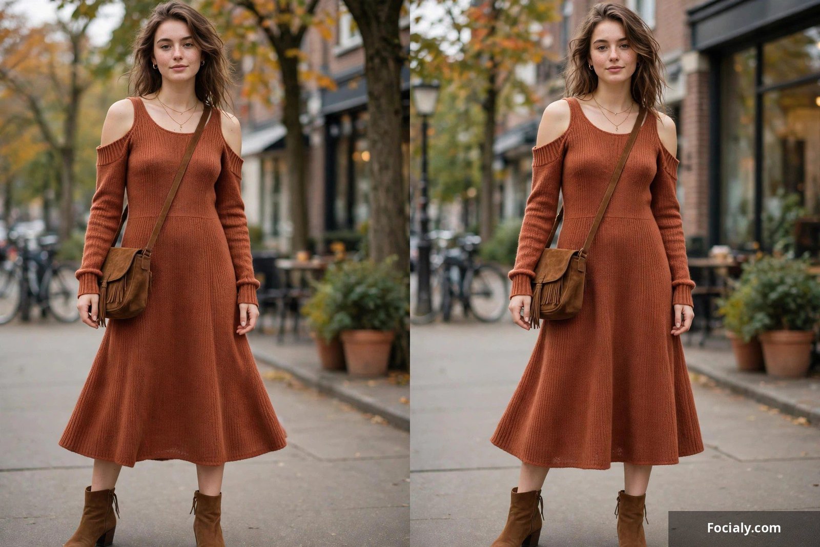 Woman in a rust knit cold-shoulder midi dress with ankle boots and a crossbody bag
