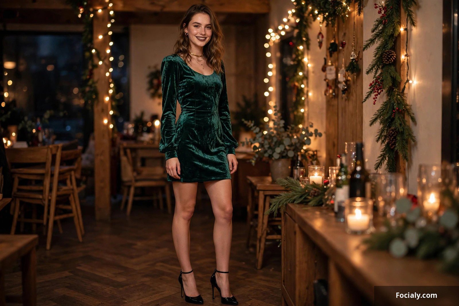 Woman in an emerald crushed velvet mini dress and black heels at an evening party