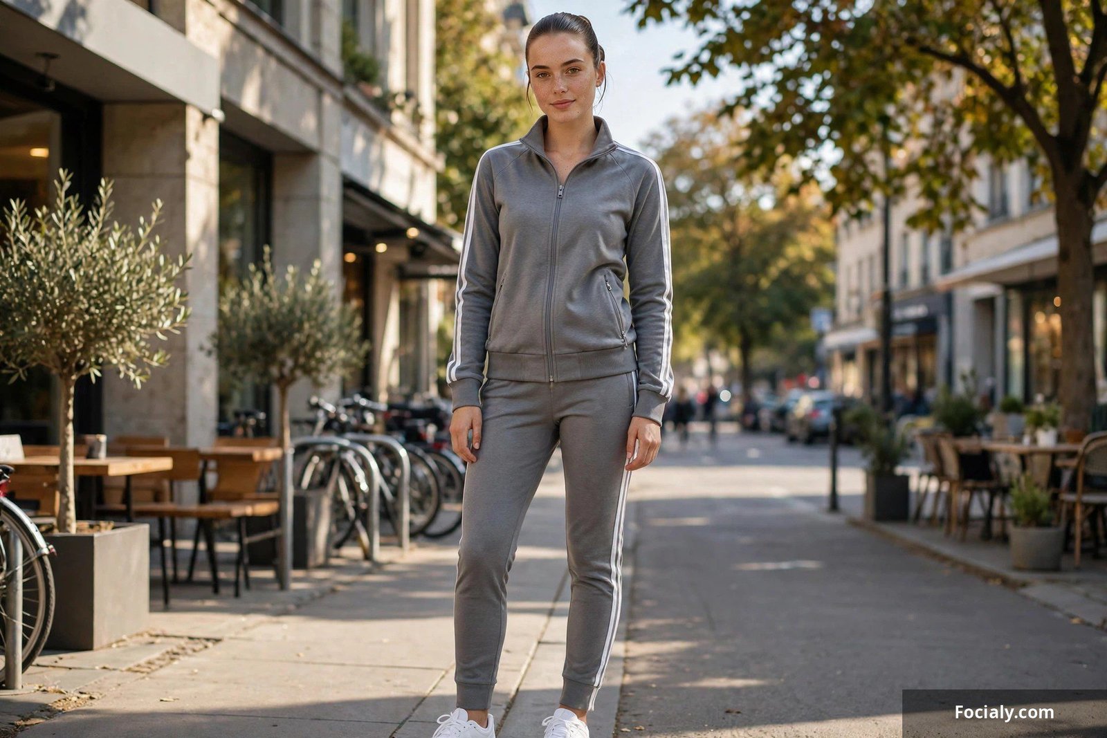 Woman with a sleek bun wearing a grey matching tracksuit with side stripes and white sneakers