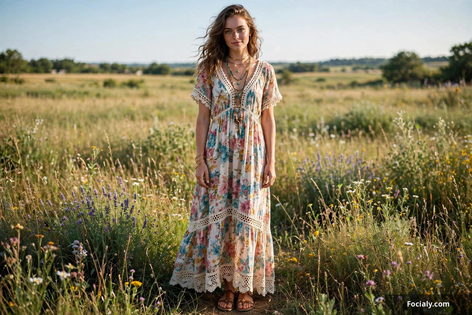 Woman in a flowy floral boho maxi dress with crochet trim and layered necklaces in a sunlit field