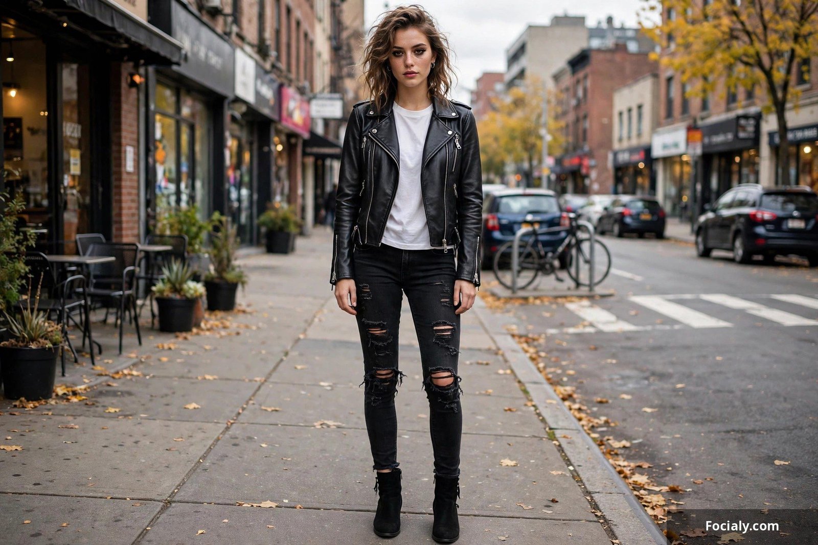 Woman wearing a black moto jacket, white tee, and ripped black skinny jeans with ankle boots