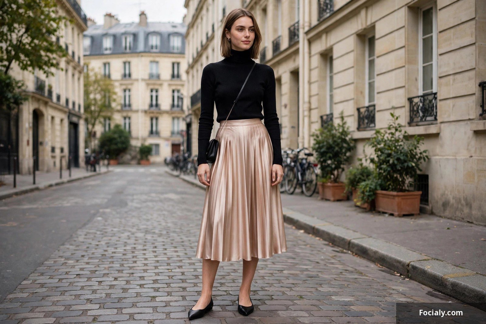 Woman in a fitted black turtleneck tucked into a satin pleated midi skirt with pointed flats