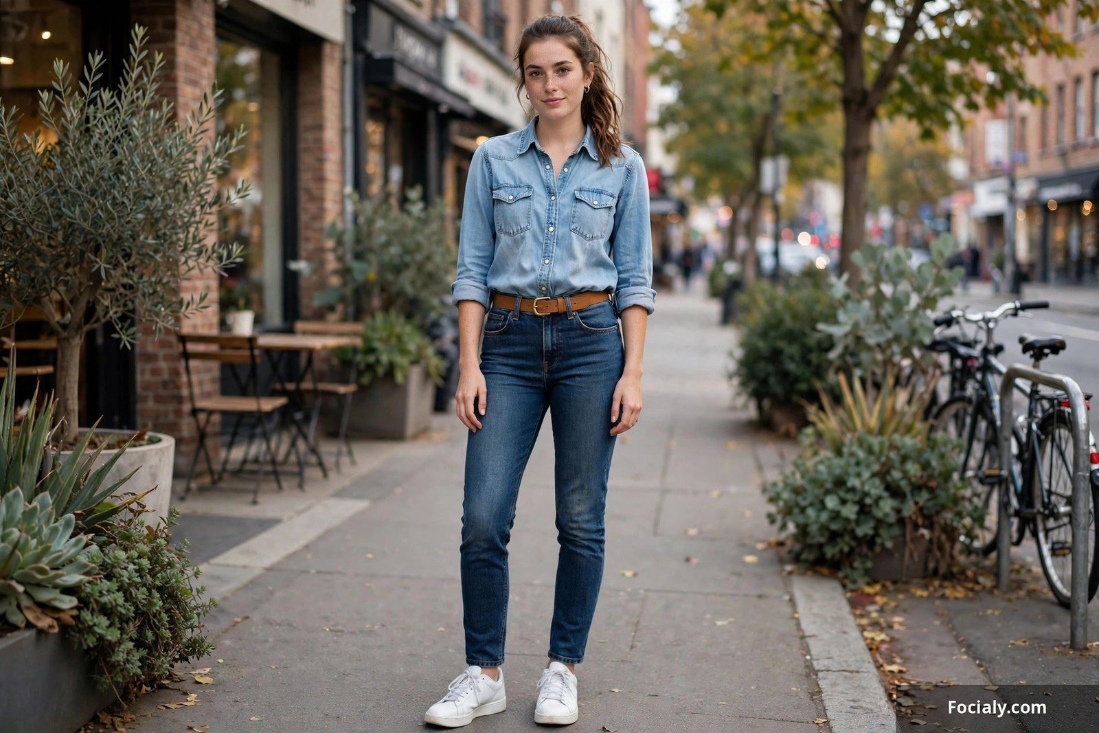 Woman wearing a light-wash denim shirt tucked into dark jeans with a tan belt and white sneakers