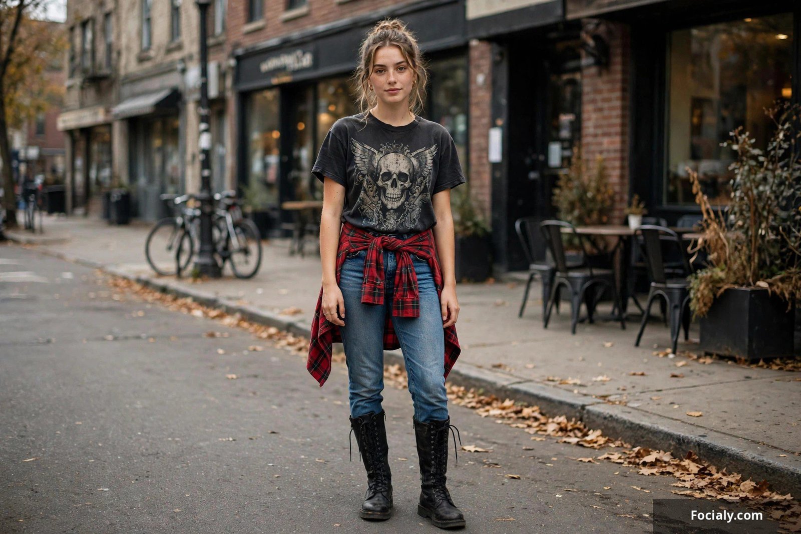 Woman in a vintage graphic band tee and high-rise jeans with a red plaid flannel tied at her waist