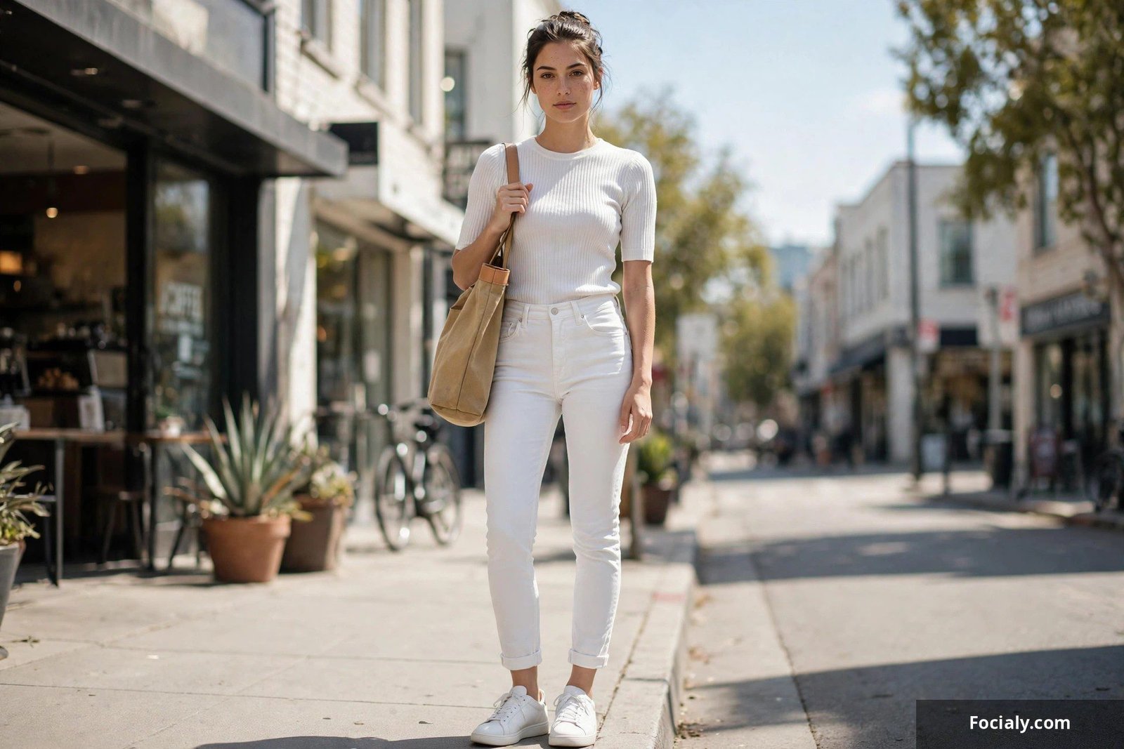 Woman wearing an all-white outfit of white jeans, ribbed white top, and white sneakers with a tan bag