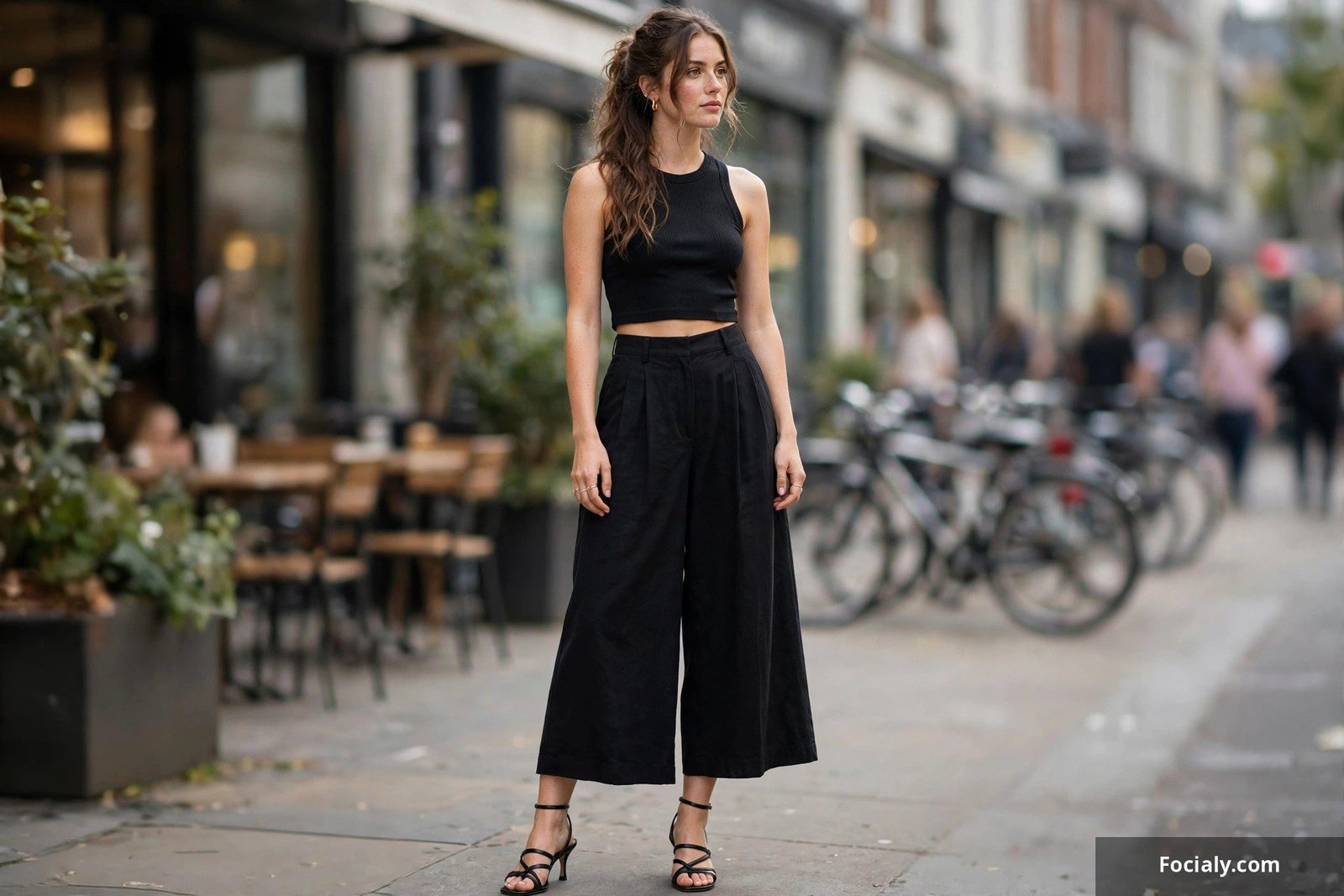 Woman in high-waisted black wide-leg culottes, a fitted ribbed crop top, and heeled sandals