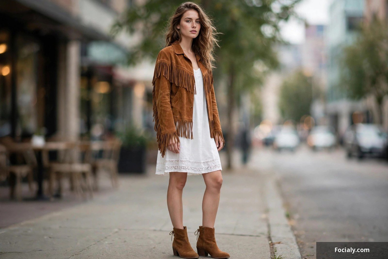 Woman wearing a cognac suede fringe jacket over a simple white dress and ankle boots