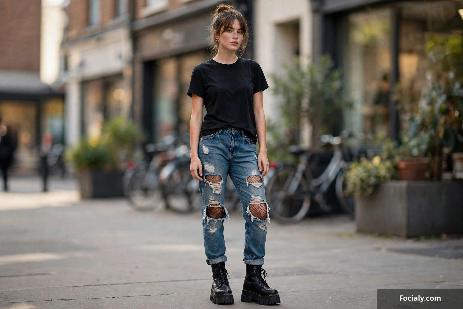 Woman wearing black fishnet tights under ripped medium-wash jeans with a black tee and chunky boots