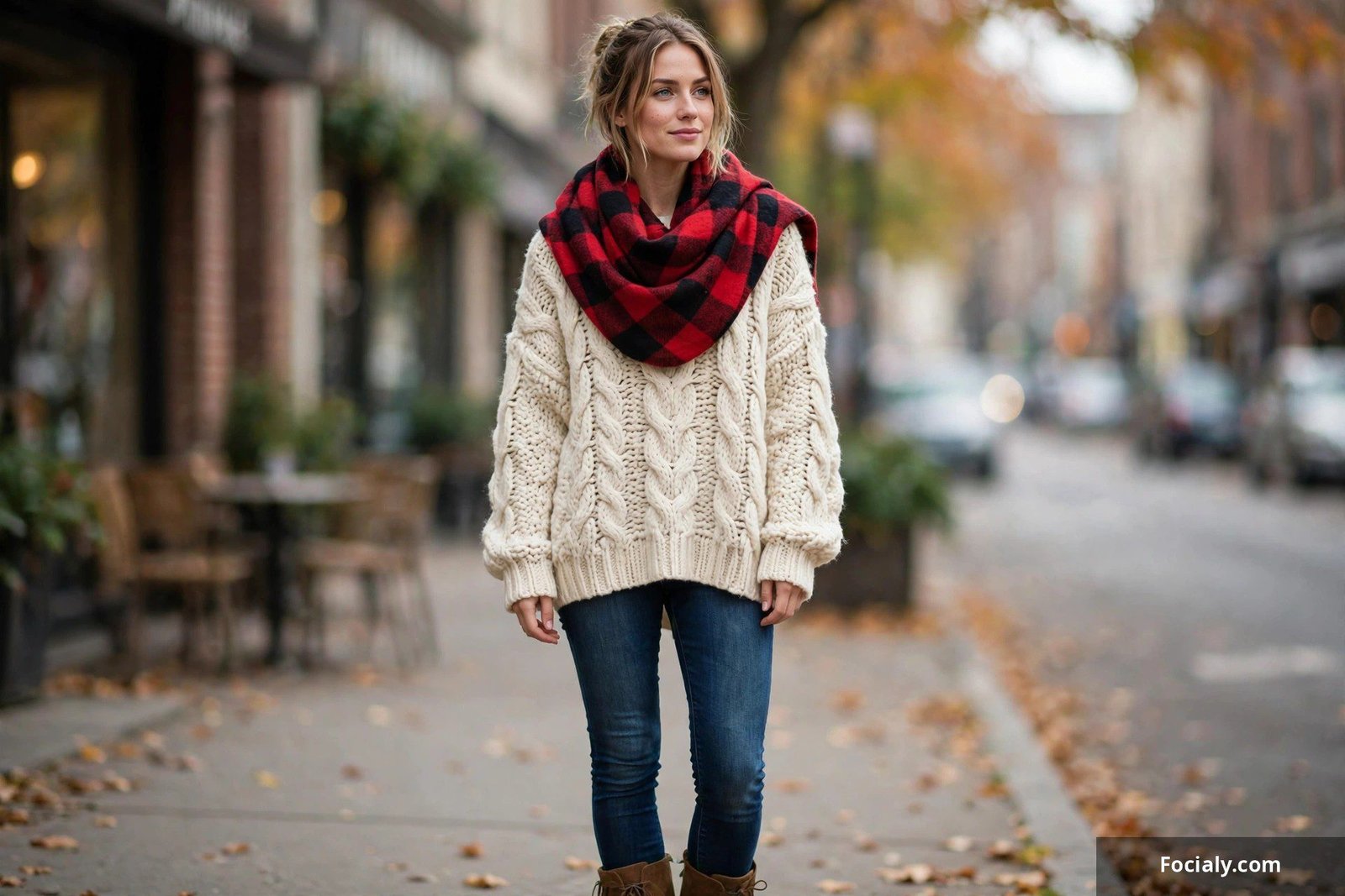 Woman in an oversized cream chunky sweater, skinny jeans, and a red-black buffalo plaid blanket scarf