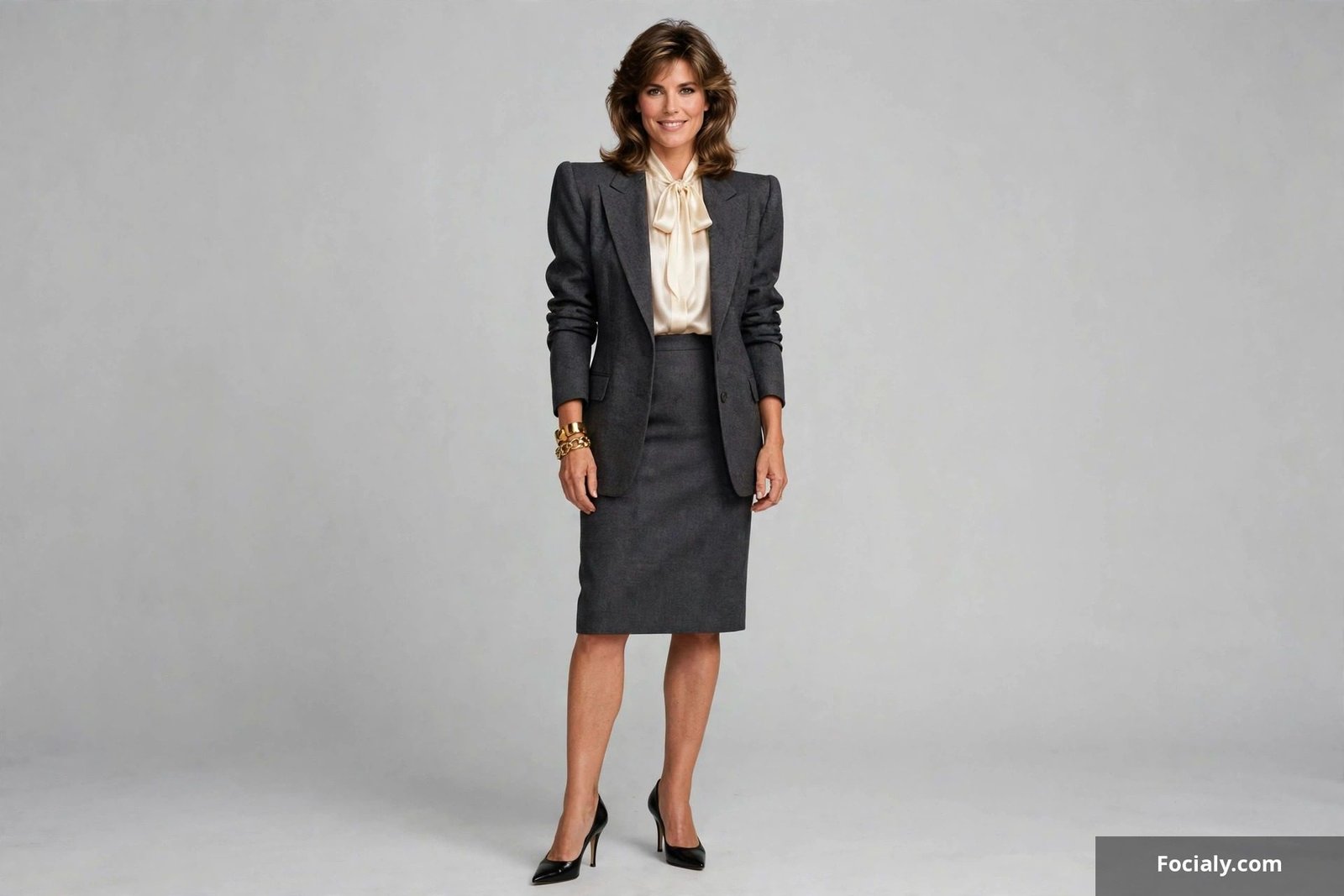 Woman in a bold-shouldered 80s power blazer suit with pencil skirt and statement earrings