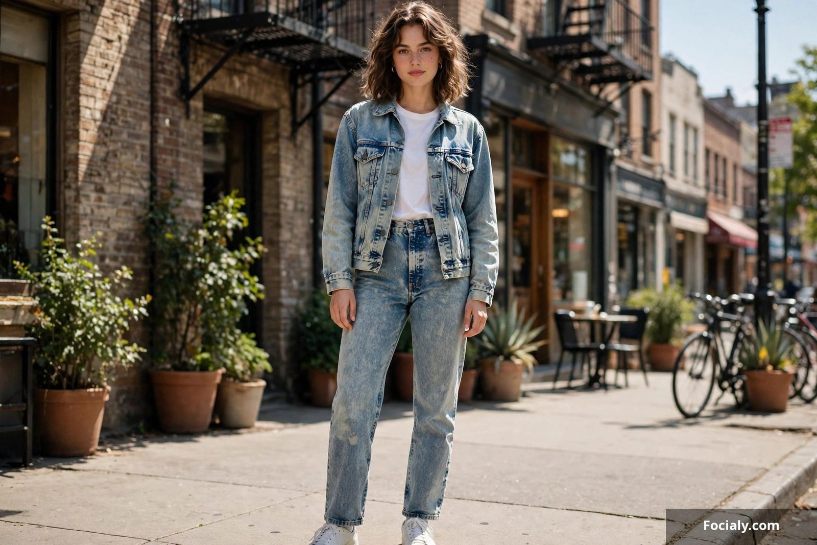 Acid wash denim jacket and jeans double denim 80s outfit