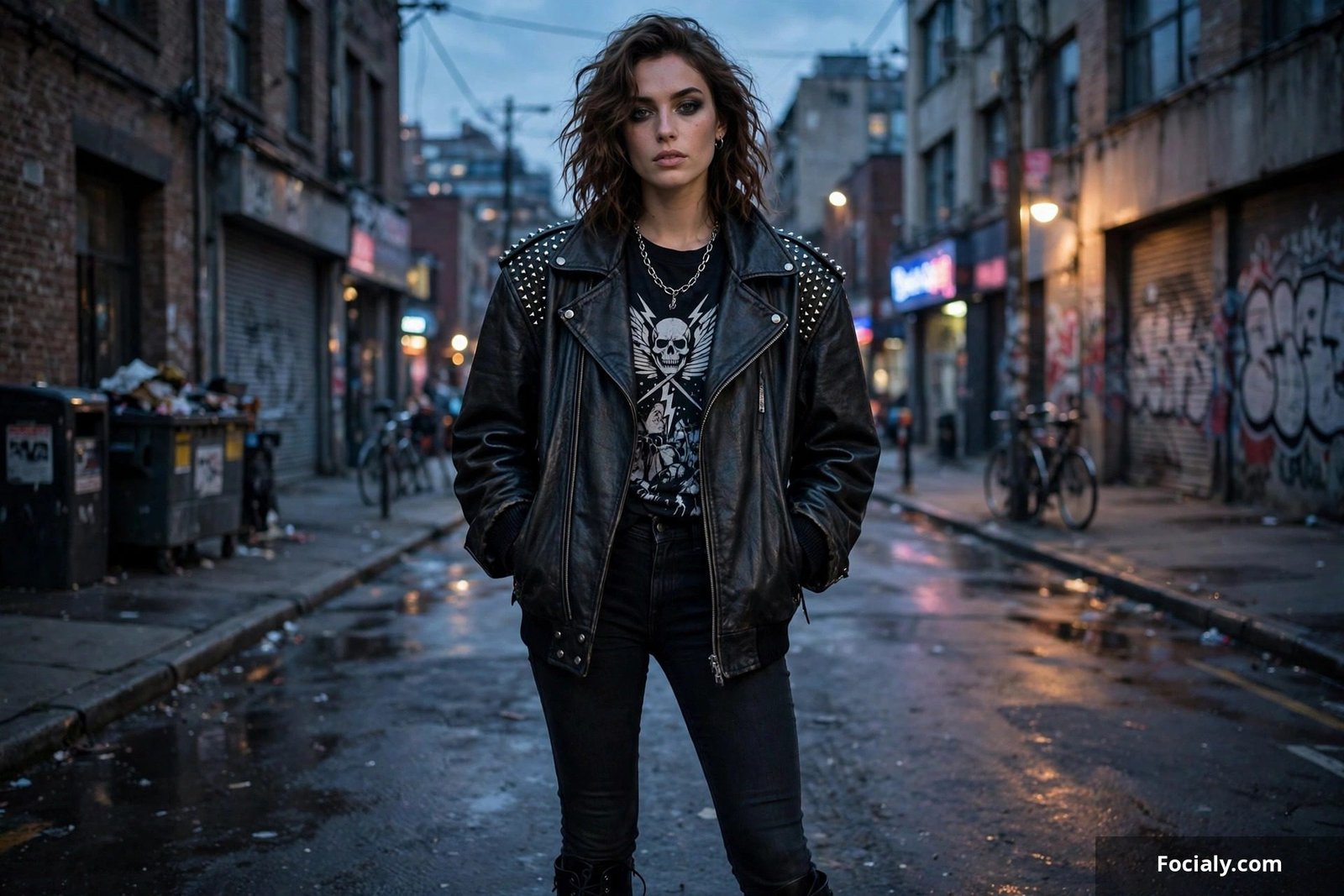 Black leather biker jacket with skinny jeans and boots 80s rock outfit