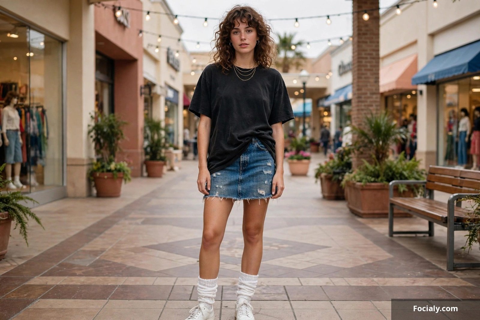 Oversized vintage band t-shirt with denim mini skirt 80s style
