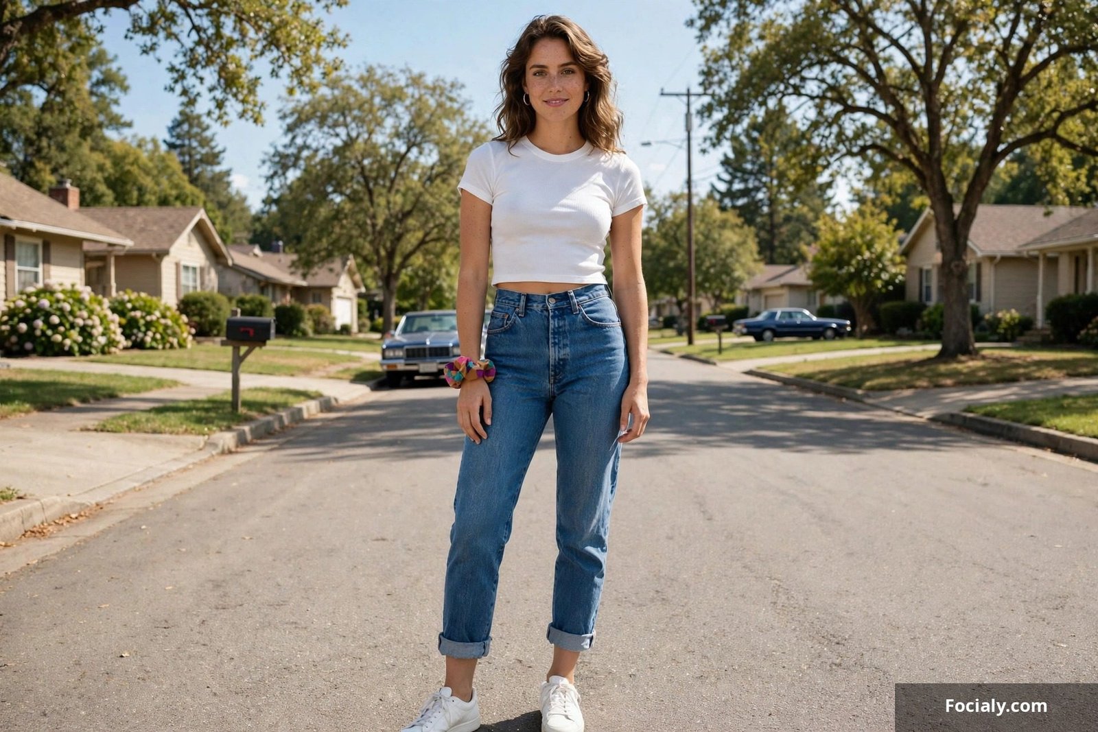 High waisted mom jeans with crop top 80s casual outfit