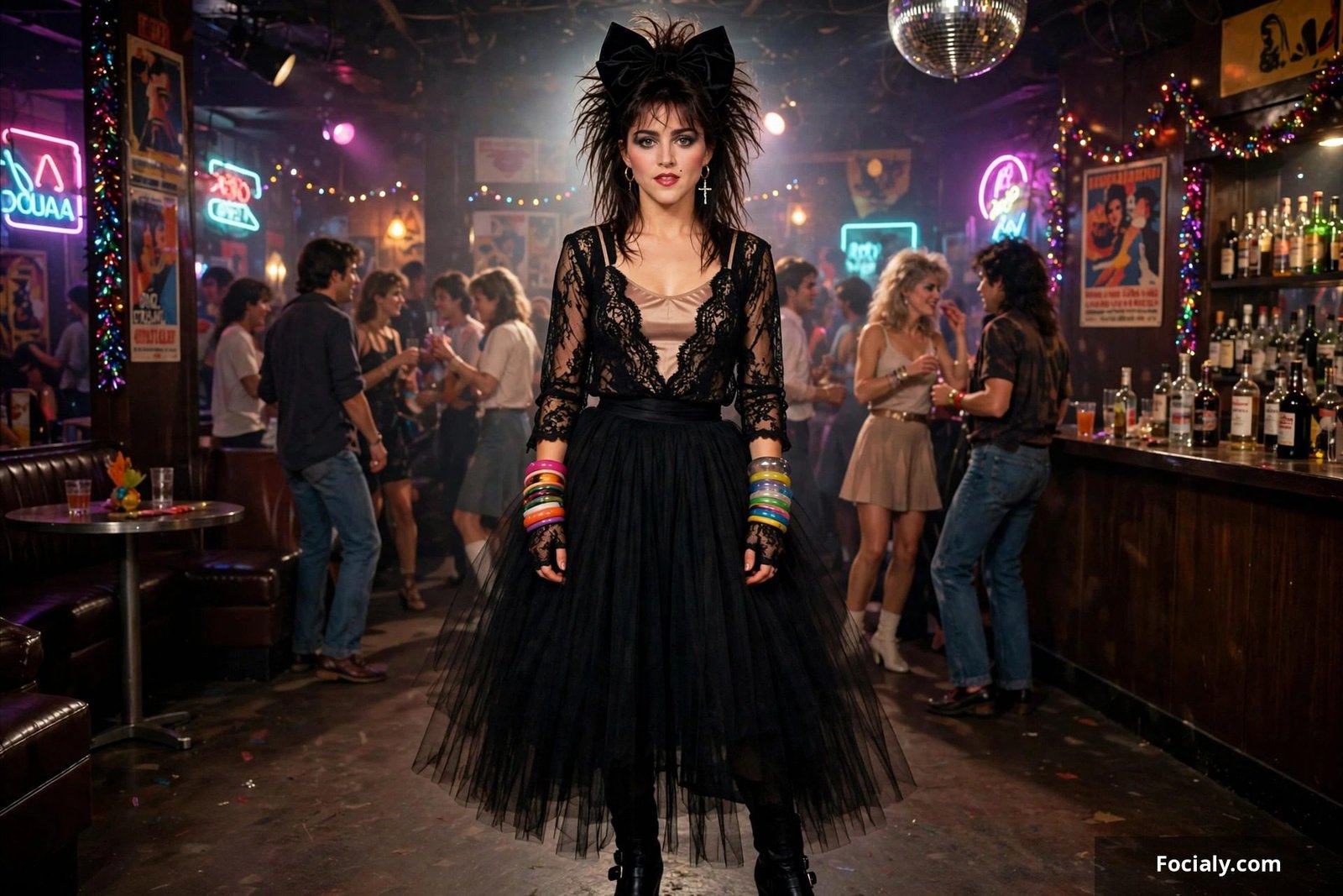 Madonna inspired 80s outfit with lace top tulle skirt and big bow headband