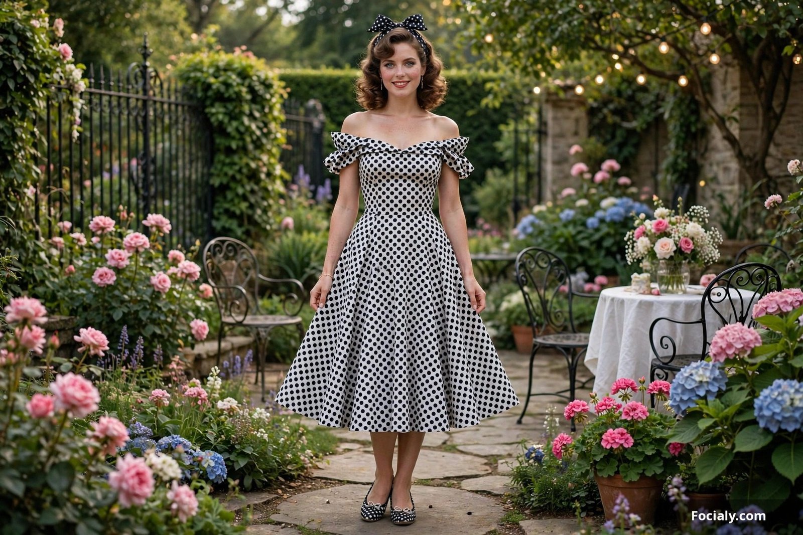 Off shoulder polka dot dress with flared skirt 80s pin-up look