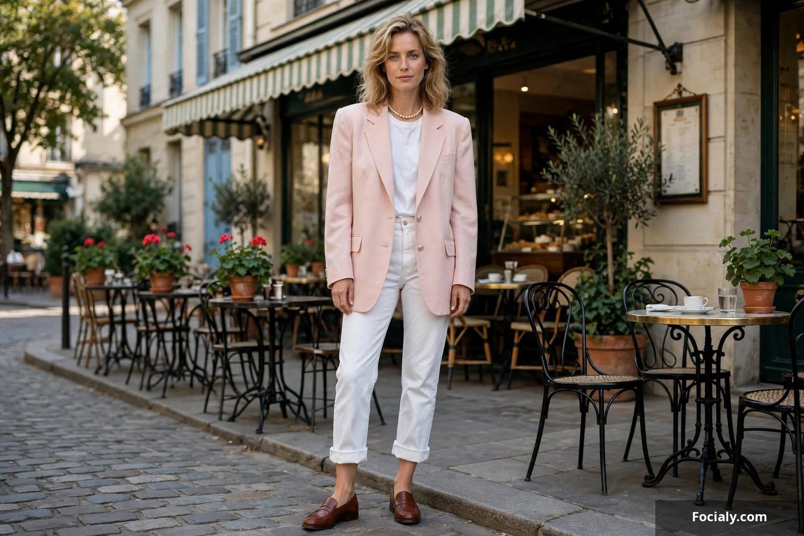 Pastel 80s preppy blazer with white jeans and loafers