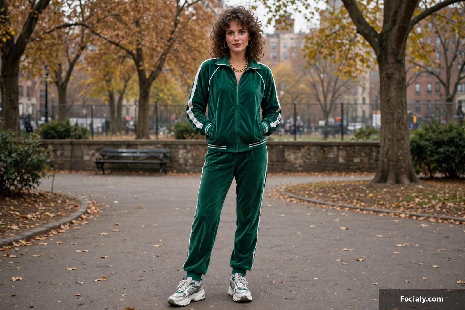Velour 80s tracksuit with chunky sneakers and gold chain